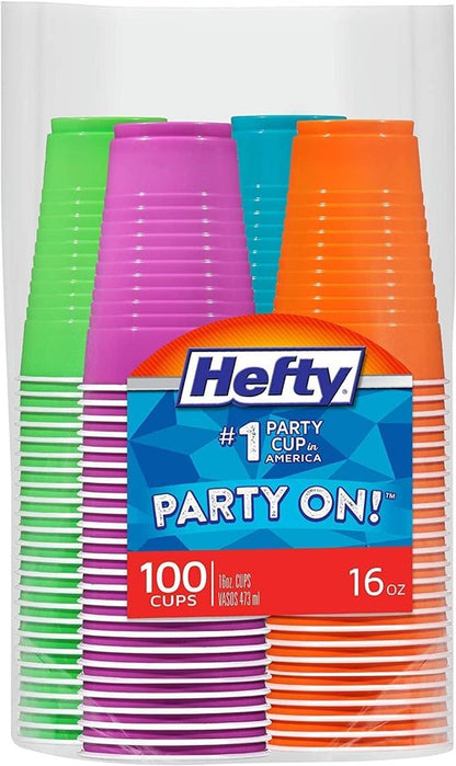 Hefty Disposable Plastic Party Cups - Easy Grip & Durable, Assorted Colors, 16-Ounce, 100 Count