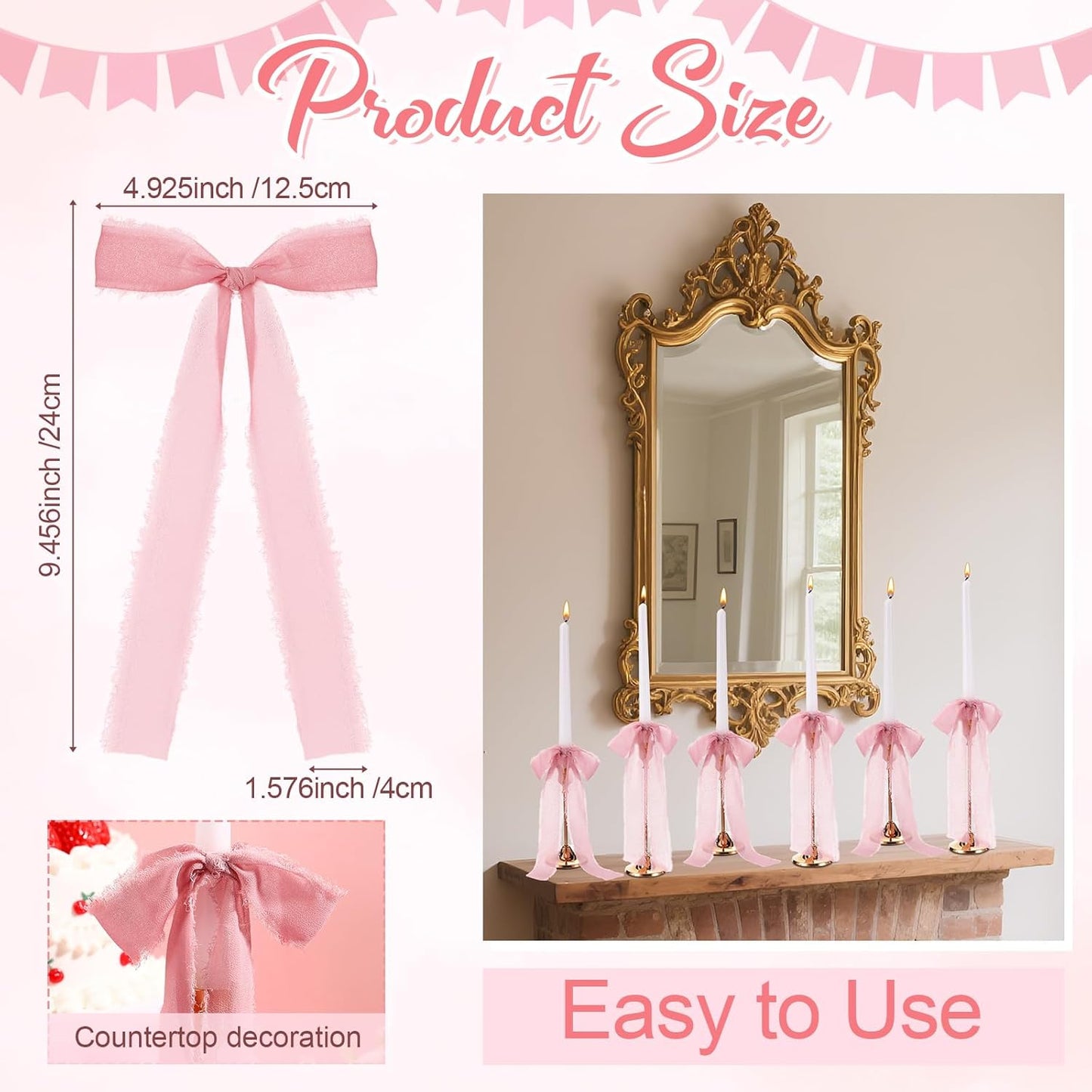 Skiennix 24 Pcs Pink Bows Candlestick Ribbon Decorations - Perfect for Birthdays & Weddings | 9.5 Inch