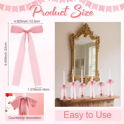Skiennix 24 Pcs Pink Bows Candlestick Ribbon Decorations - Perfect for Birthdays & Weddings | 9.5 Inch