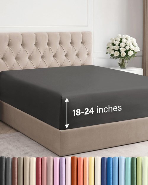 Extra Deep Cal King Fitted Sheet - Hotel Luxury Single Fitted Sheet Only - Easily Fits 18 inch to 24 inch Mattress - Ultra Soft, Wrinkle Free with Extra Deep Pockets - Breathable & Comfy - Charcoal