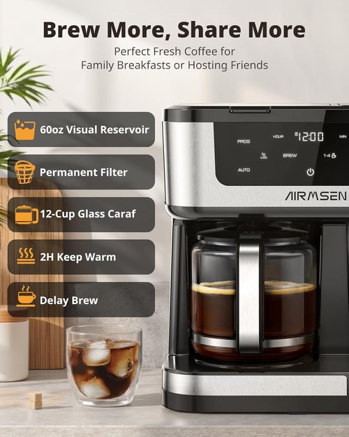 AIRMSEN 12-Cup Programmable Coffee Maker - Fast Brew Single Serve for K-Cup Pods & Ground, Touchscreen, 60oz Tank