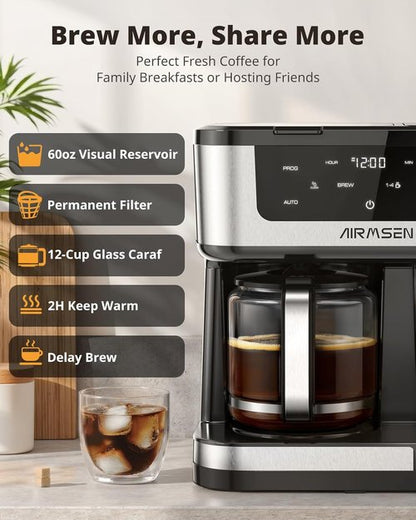 AIRMSEN 12-Cup Programmable Coffee Maker - Fast Brew Single Serve for K-Cup Pods & Ground, Touchscreen, 60oz Tank