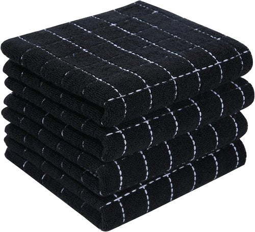 Homaxy Kitchen Towels - 100% Cotton Terry, Soft & Super Absorbent | Checkered Design, 4 Pack (Black, 13 x 28 Inches)