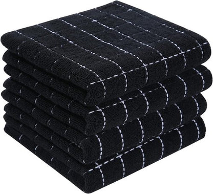 Homaxy Kitchen Towels - 100% Cotton Terry, Soft & Super Absorbent | Checkered Design, 4 Pack (Black, 13 x 28 Inches)