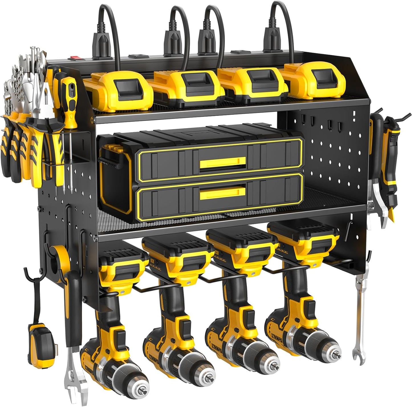 ZESEN Power Tool Organizer - 3-Layer Wall Mount Charging Station with 6 Outlets & Drill Holders | Black