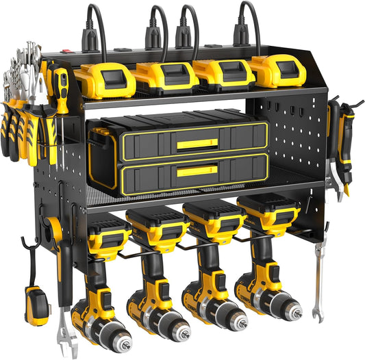 ZESEN Power Tool Organizer - 3-Layer Wall Mount Charging Station with 6 Outlets & Drill Holders | Black