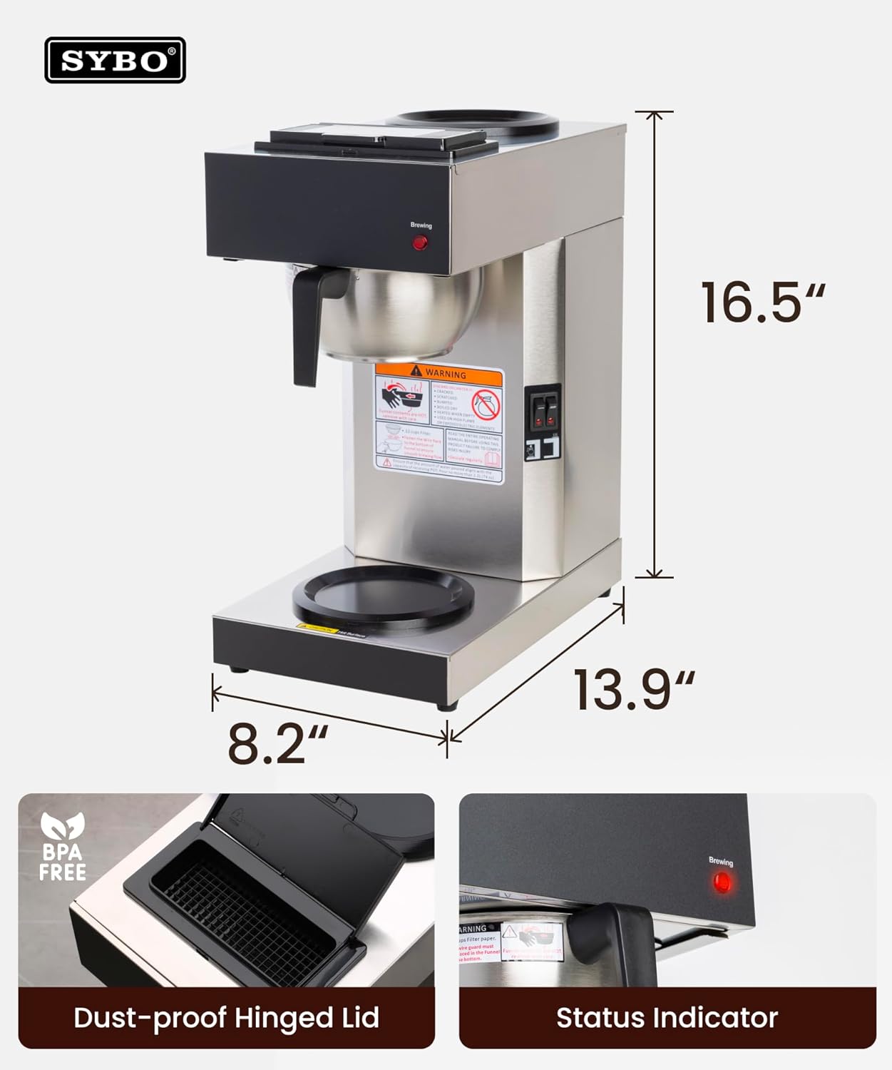 SYBO 12-Cup Commercial Coffee Maker - Industrial Stainless Steel Brewer with 2 Warmers
