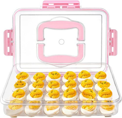 Deviled Egg Carrier by [Brand Name] - Durable Clear Plastic Storage for 24 Eggs | Stackable & Portable Pink Tray for Parties