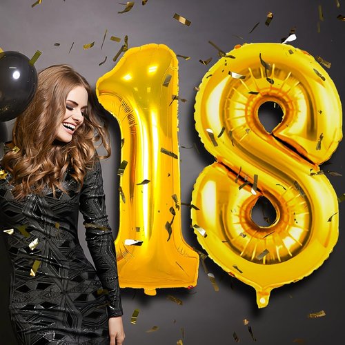 Large Gold 18 Balloon - 42 Inch Foil Mylar Number for 18th Birthday & Anniversary Celebrations