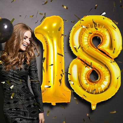 Large Gold 18 Balloon - 42 Inch Foil Mylar Number for 18th Birthday & Anniversary Celebrations