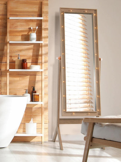 LUXFURNI Floor & Full Length Mirrors, Large Free Standing Body Mirror with Lights, Tall Cheval Mirror for Bedroom (Rustic Brown)