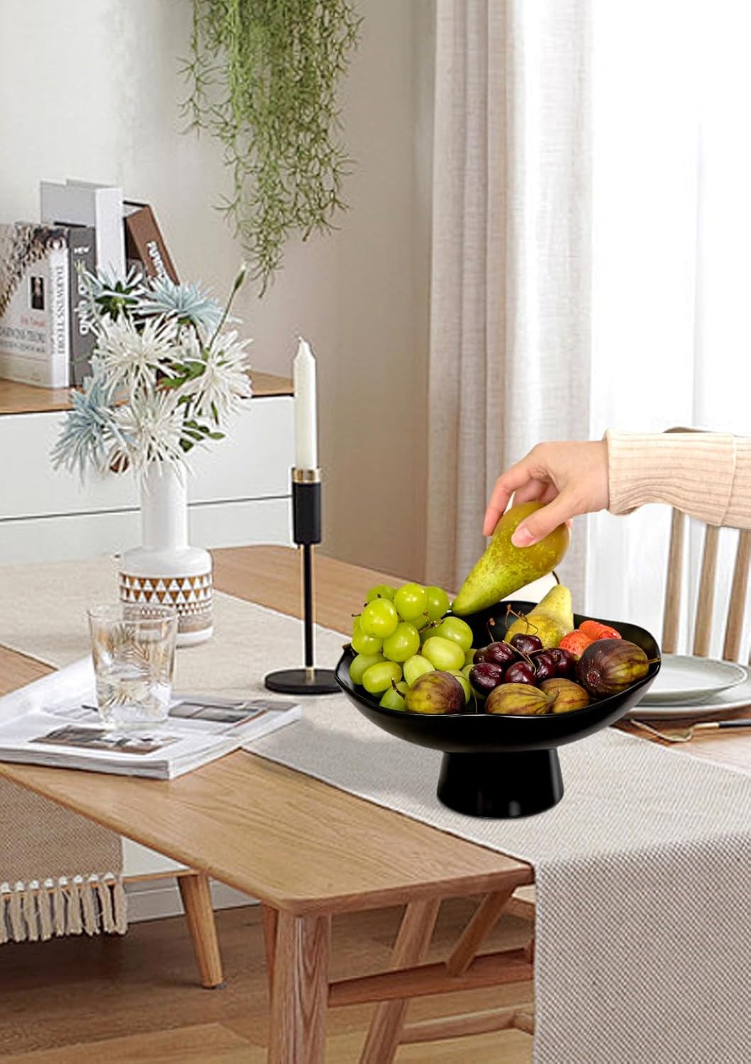Nucookery Ceramic Fruit Bowl - Modern 10-Inch Decorative Kitchen Counter Stand | Matte Black Design