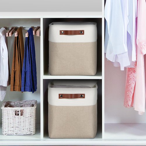 Kntiwiwo Fabric Storage Cubes - Foldable 10.5”x10.5”x11” Closet Organizers | 6 Pack, Beige with PU Leather Handles