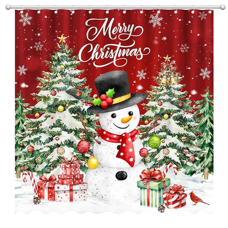 Christmas Shower Curtain 72 x 72 in – Santa, Snowman & Tree Design with 12 Hooks