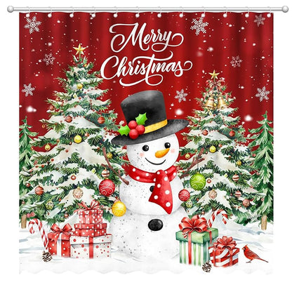 Christmas Shower Curtain 72 x 72 in – Santa, Snowman & Tree Design with 12 Hooks