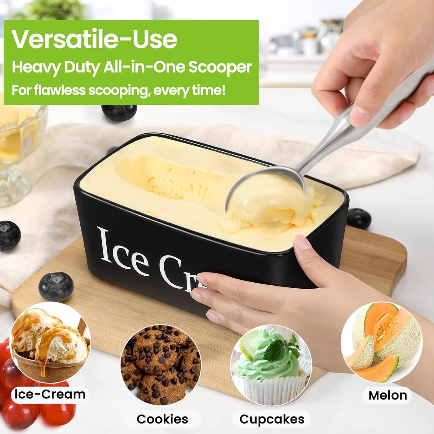 Skiennix Stainless Steel Ice Cream Scoop - Heavy Duty Ergonomic Handle for Gelato & Sorbet | Dishwasher Safe