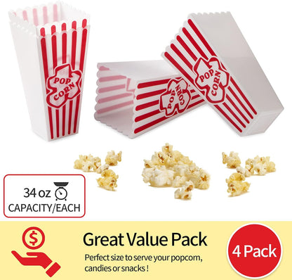 Retro Style Plastic Popcorn Containers - Red & White Striped Reusable Boxes for Movie Night | 4 Pack (4”x8”)