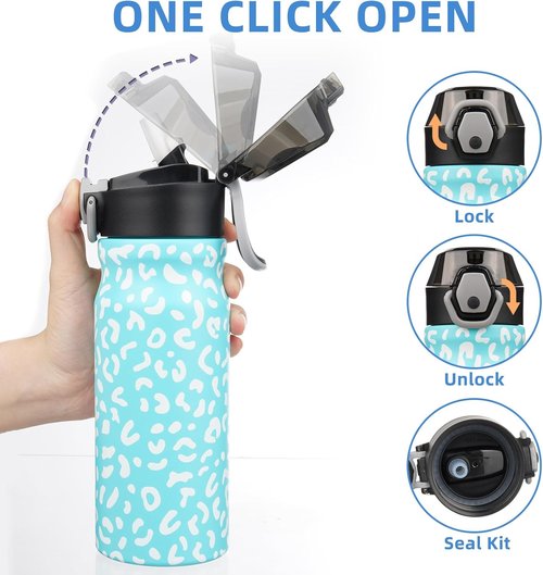 BJPKPK Insulated Water Bottle - 18oz Stainless Steel Thermal Flask with Straw & Carry Handle | Sky Blue Leopard