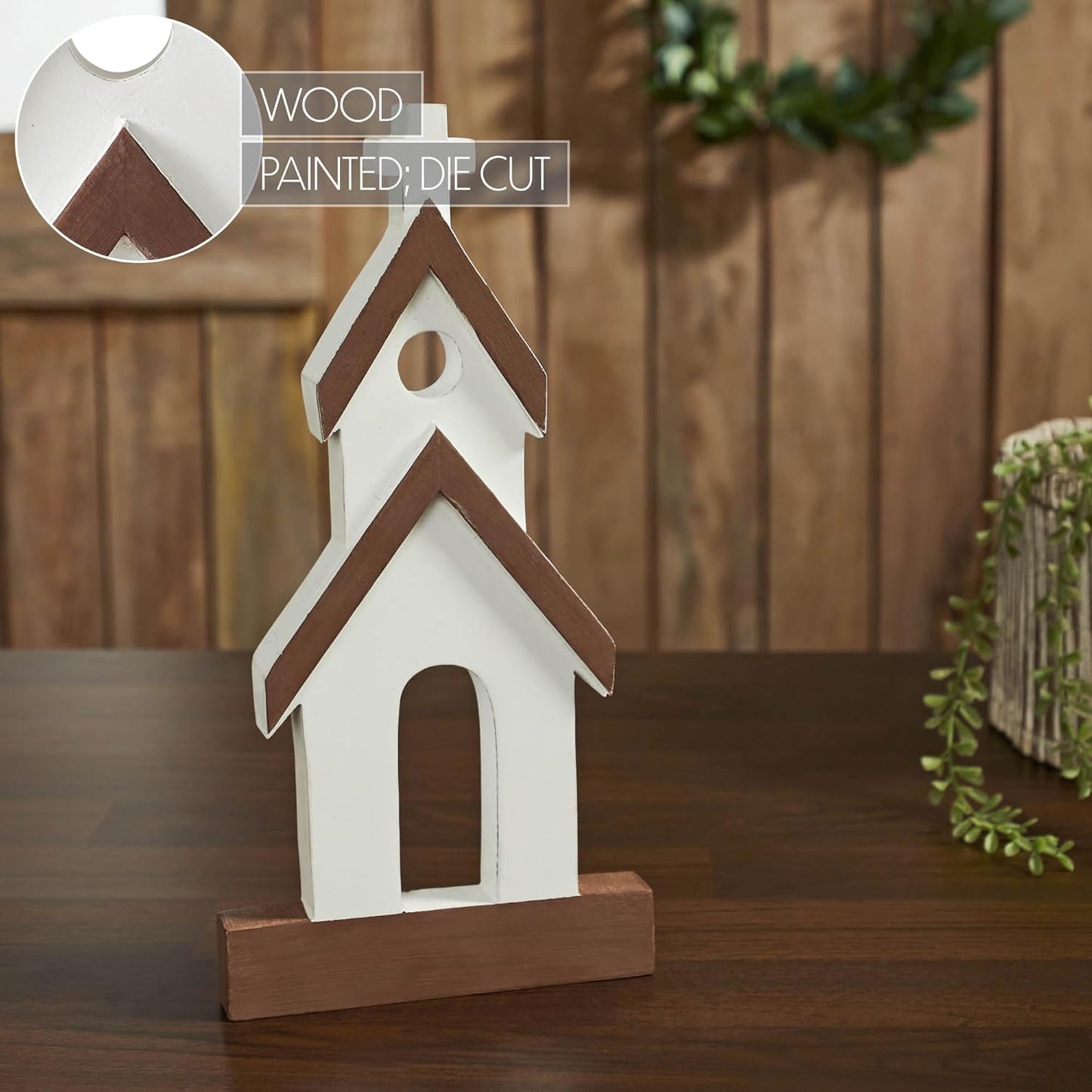 VHC Brands Wooden Church Figurine - Brown Roof Design | 12" x 6" x 1" Size