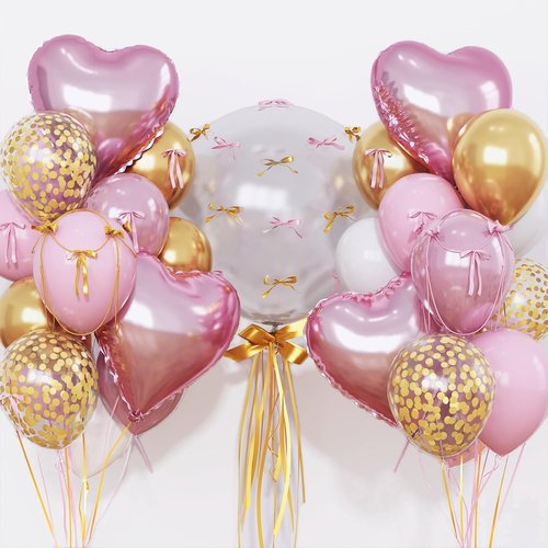 Heart Shape Balloons - Light Pink & Gold Mylar Balloons | 18-Inch Clear Balloon for Princess Birthday Decor