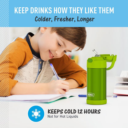 THERMOS FUNTAINER Water Bottle - 12 Ounce Kids Stainless Steel Vacuum Insulated with Straw - Lime