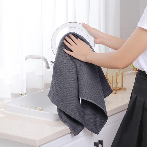 Homaxy Kitchen Dish Towels - 100% Cotton Waffle Weave, Ultra Soft & Absorbent, 13 x 28 Inches, 12-Pack | Dark Grey
