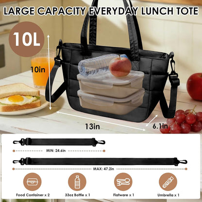 Wdmiya Insulated Lunch Bag - Lightweight Quilted Tote with Lunch Compartment & Cup Holder | Black