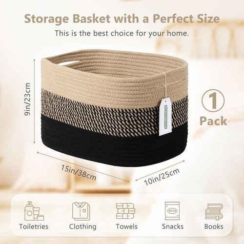 ECDYQXVU Cotton Rope Storage Basket - Woven Organizer for Shelves, Clothes & Towels | 15x10x9 Inches, Gradient Black/Brown