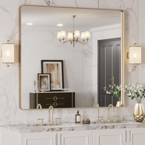 LOAAO Gold Bathroom Mirror - 40”X36” Rounded Rectangle Design | Brushed Gold Frame, Anti-Rust, Versatile Mounting