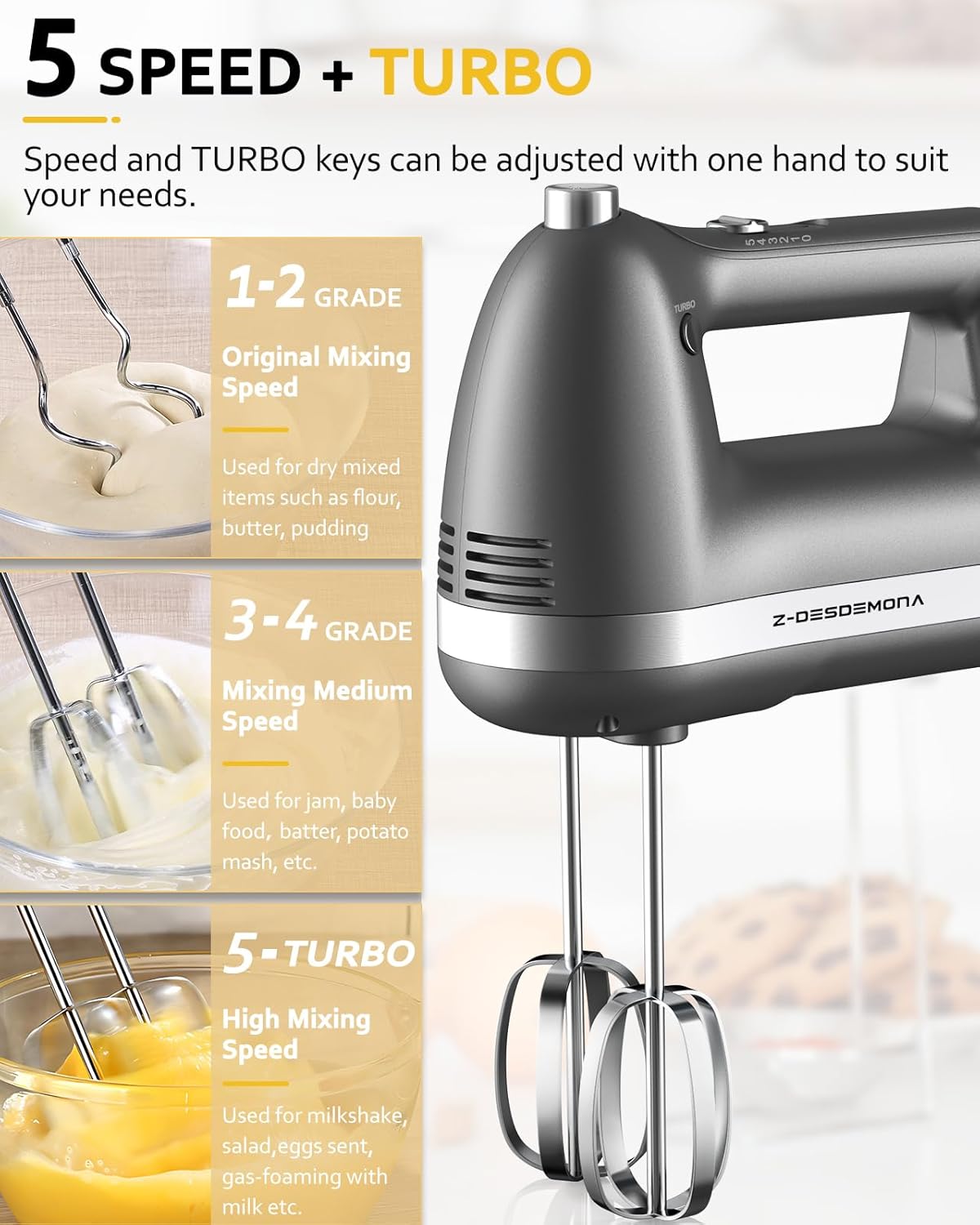 Skiennix Electric Hand Mixer - Powerful Handheld Mixer with 304 Beaters & Dough Hook | Turbo Function, Grey