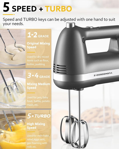 Skiennix Electric Hand Mixer - Powerful Handheld Mixer with 304 Beaters & Dough Hook | Turbo Function, Grey