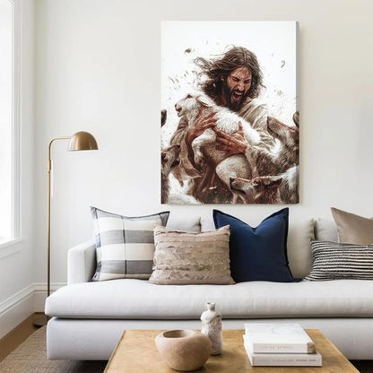Jesus And Lamb Canvas Wall Art - Inspirational Christian Decor | Framed 12x16 Inch Painting for Living Room or Bedroom