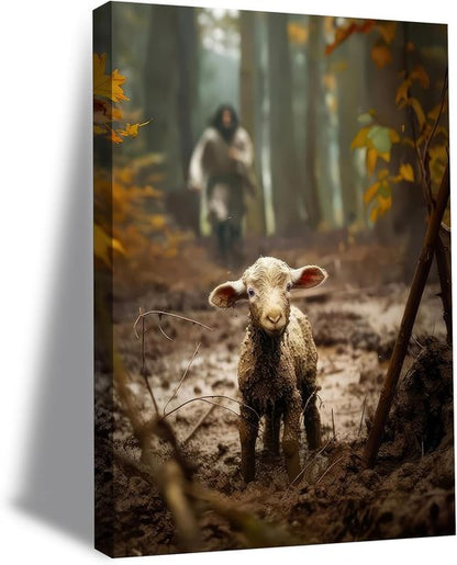 Framed Jesus and Lamb Canvas Wall Art - Christian Decor for Living Room, Bedroom & Prayer Room