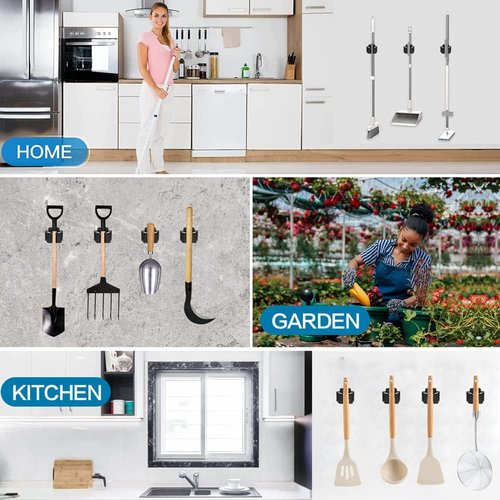 JAMEND Heavy-Duty Broom and Mop Holder - 6-Piece Stainless Steel Organizer Rack | Matte Black