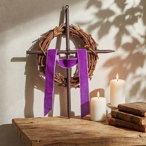 Dingion Mini Crown of Thorns Nail Cross Wreath Decor - 7in Purple Velvet Ribbon for Easter & Lent