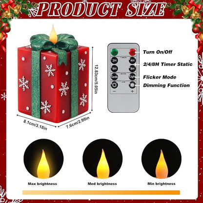 Christmas Flameless Gift Box Candle with Remote Timer - Hand-Painted Real Wax, Red