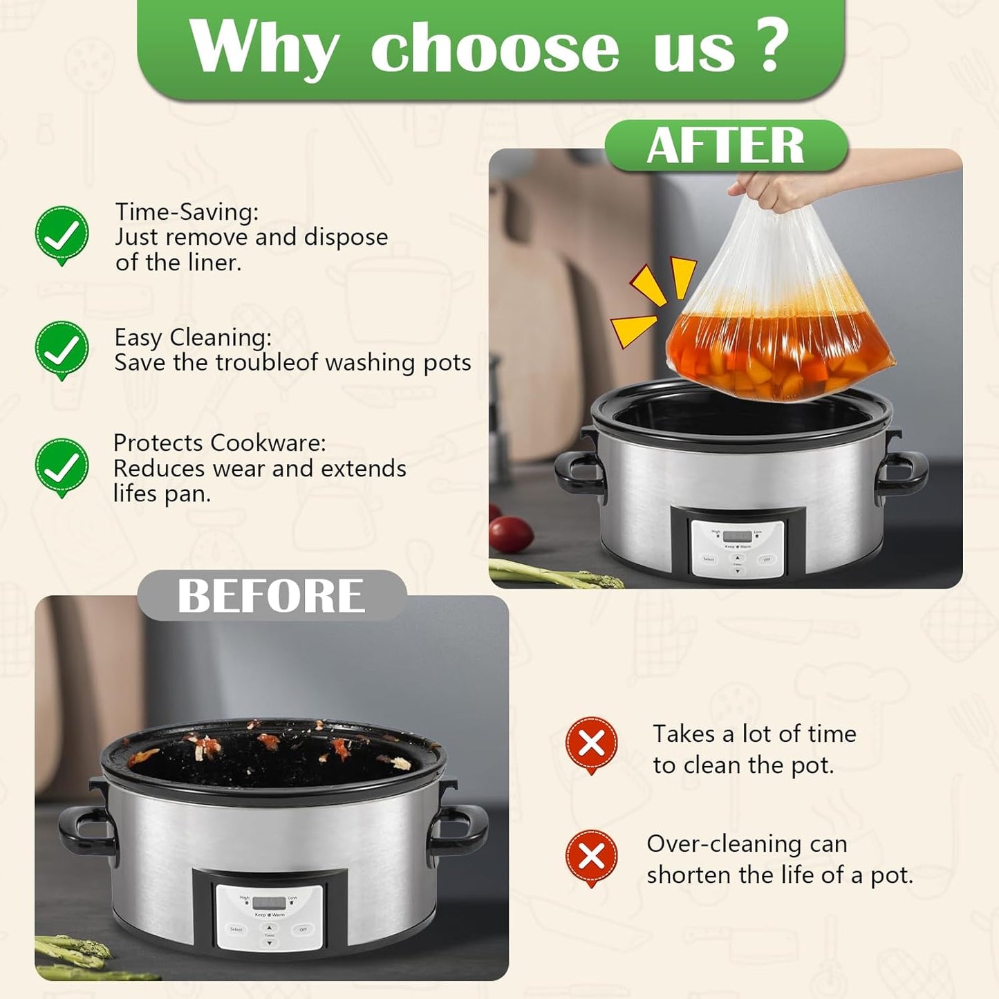 Slow Cooker Liners | 20 Disposable BPA-Free Bags for 3-8 Quart Crock Pots - Mess-Free Cooking