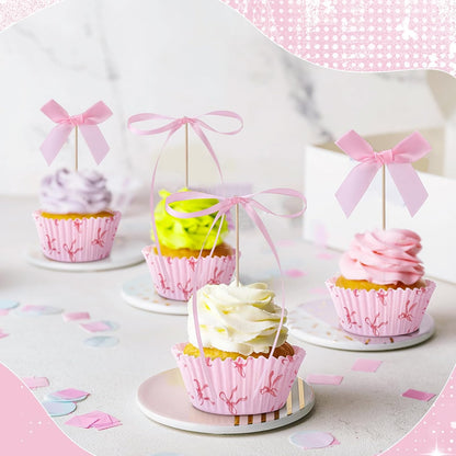 Regine Switzerland Pink Bow Cupcake Liners Set - 50 Cupcake Liners & 31 Bowknot Ribbons | Perfect for Parties & Celebrations