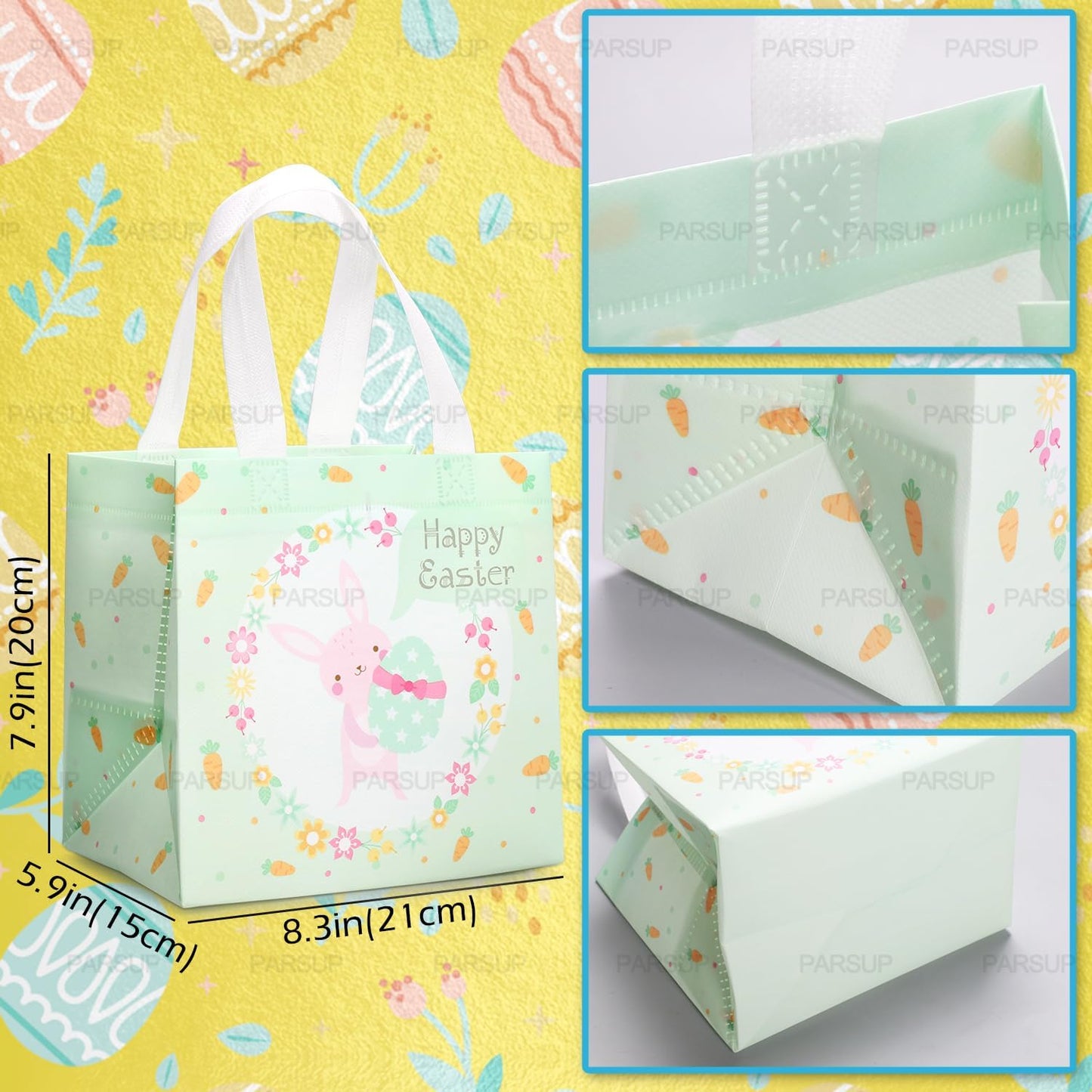 PARSUP 6PCS Happy Easter Bunny Carrot Chick Egg Hunt Gift Treat Multifunctional Non-Woven Bags with Handles,Easter Party Supplies for Gifts Wrapping, 8.3×7.9×5.9inch