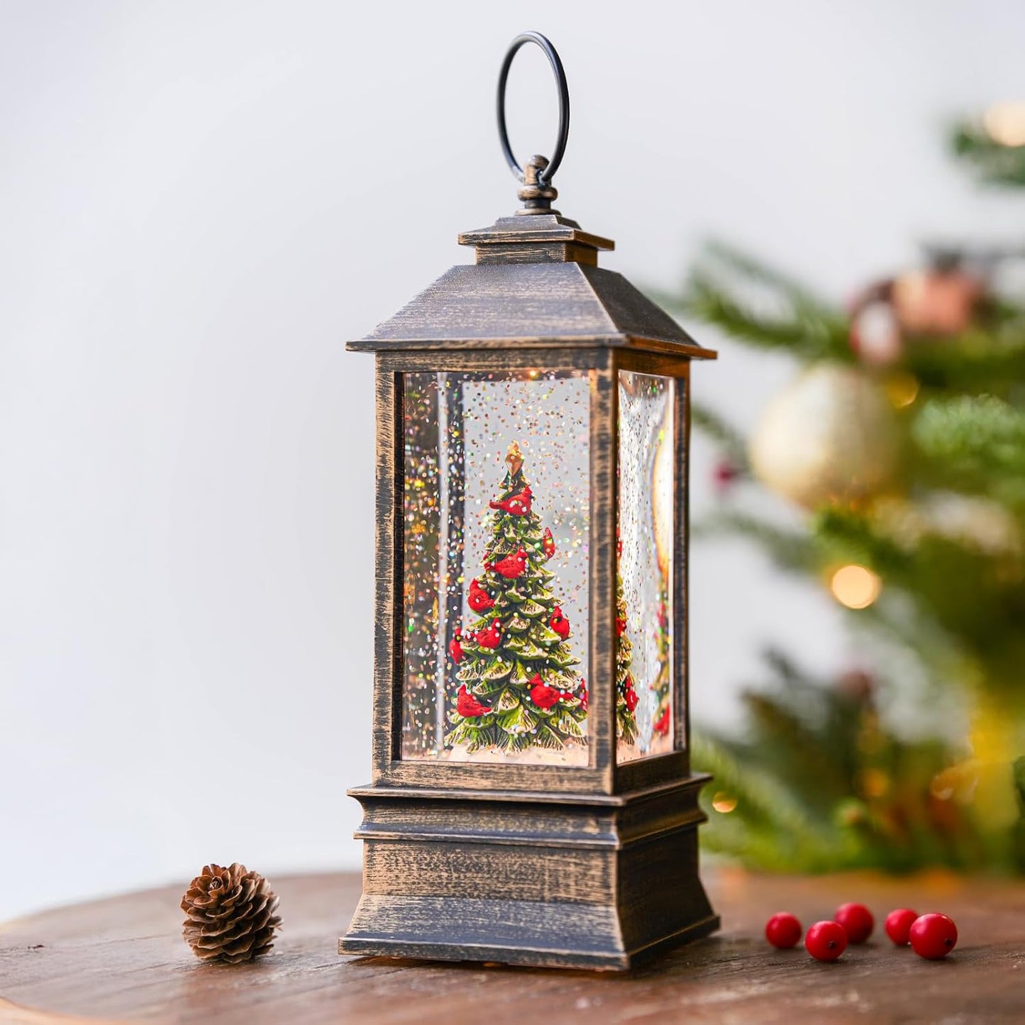 VISFLAIR 10'' Lighted Christmas Tree | Cardinal Music Snow Globe Water Lantern with Glitter