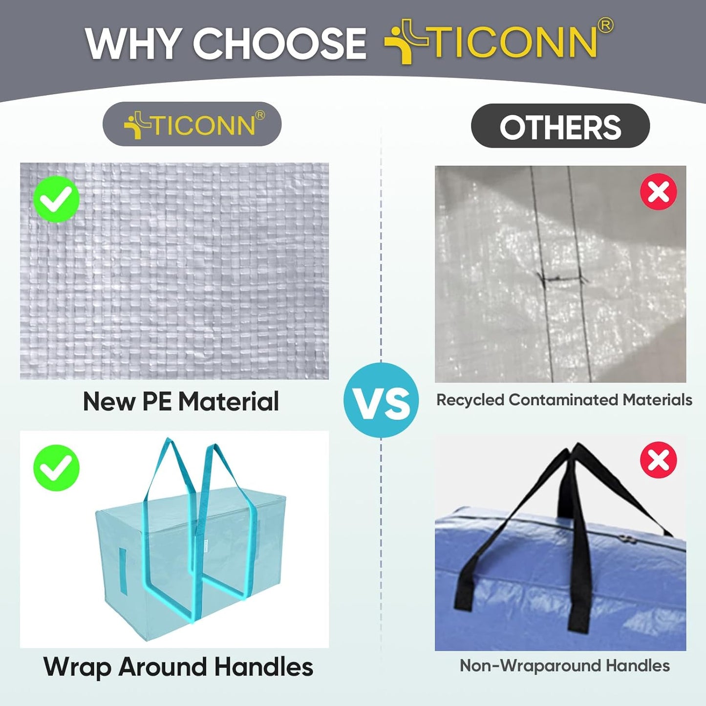 TICONN Extra Large Moving Bags - Heavy Duty Storage with Zippers & Handles | 8 Pack, Aqua