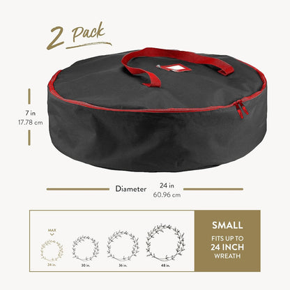 ZOBER Christmas Wreath Storage Bag - 24 Inch Waterproof Oxford Container with Dual Zippers & Durable Handles - Black