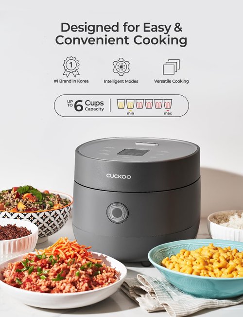 CUCKOO Micom Rice Cooker - 6-Cup Uncooked | 12-Cup Cooked | Nonstick Pot, 9 Menu Options, Fuzzy Logic, Gray