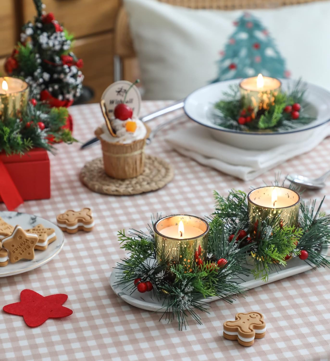 Regine Switzerland Christmas Candle Ring - 4 Pcs Votive Candles with Red Berry & Pinecone | Festive Table Centerpiece Decor