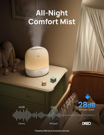 DREO Humidifier for Bedroom - Ultra Quiet 28dB Cool Mist with 30H Runtime & RGB Night Light | Perfect for Baby & Nursery
