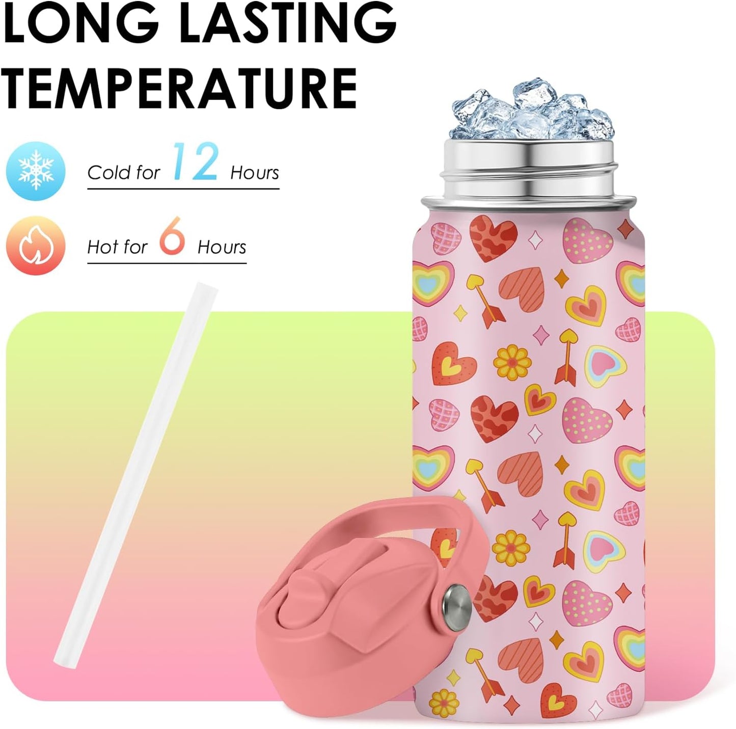 Skiennix Heart Pattern Kids Water Bottle - 16 Oz Stainless Steel Insulated Tumbler, Leak Proof, BPA-Free, Ideal for School & Travel