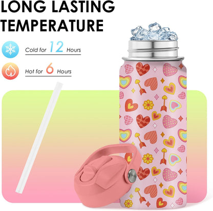 Skiennix Heart Pattern Kids Water Bottle - 16 Oz Stainless Steel Insulated Tumbler, Leak Proof, BPA-Free, Ideal for School & Travel