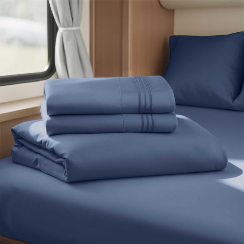 Hearth & Harbor Short Queen Sheets for RV, Navy Blue RV Queen Sheets, Silky Soft 1800 Microfiber Bed Sheet for Camper, 4 Piece RV Bedding with Pillowcases