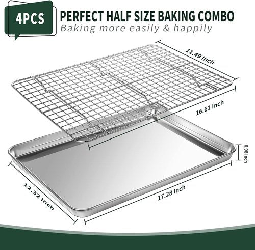 CEKEE Stainless Steel Half Sheet Pans Set - 2 Large Baking Sheets with Racks | Rust & Warp Resistant, 18 Inch