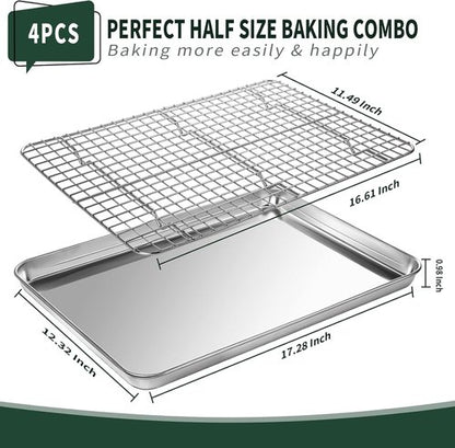 CEKEE Stainless Steel Half Sheet Pans Set - 2 Large Baking Sheets with Racks | Rust & Warp Resistant, 18 Inch